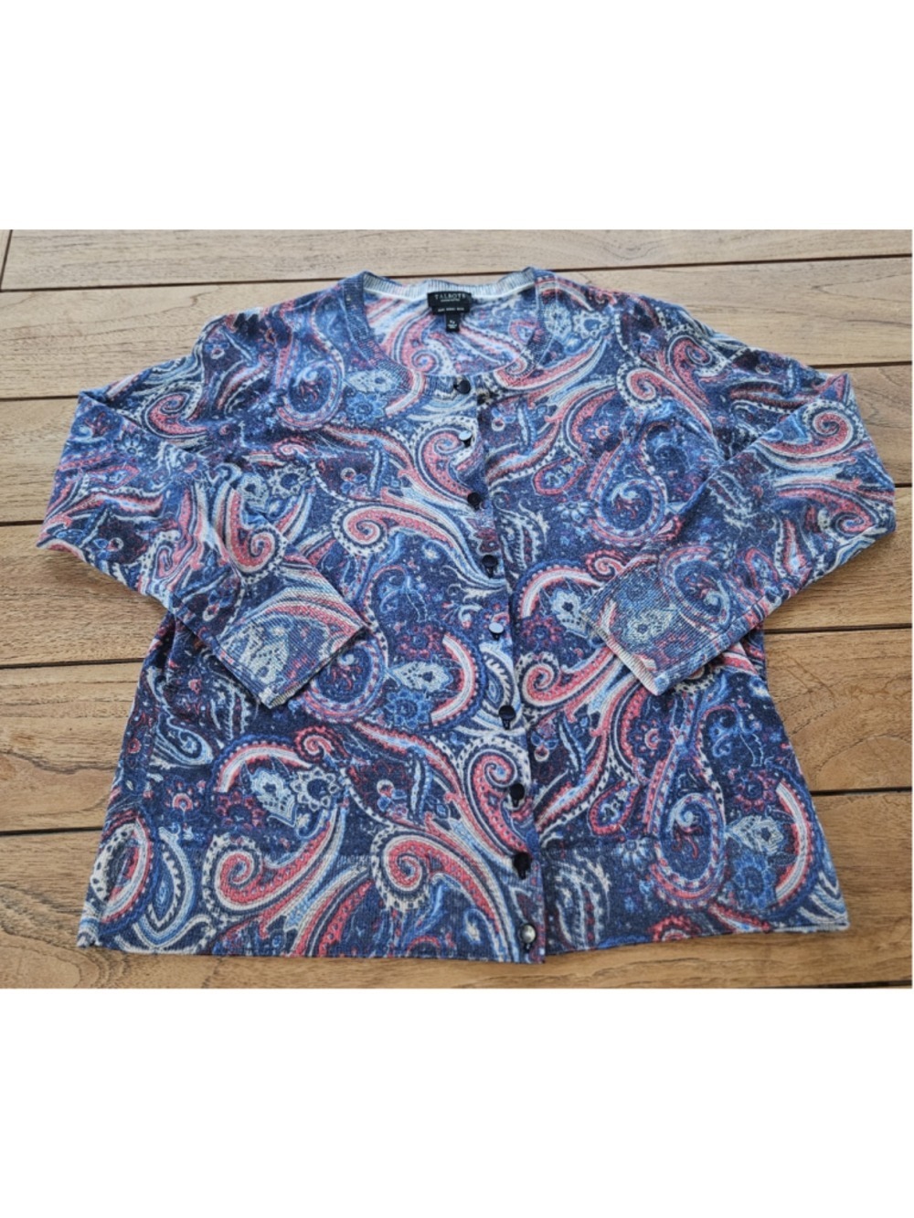 Talbots Merino Wool Paisley Cardigan Sweater Blue Pink Size Xp